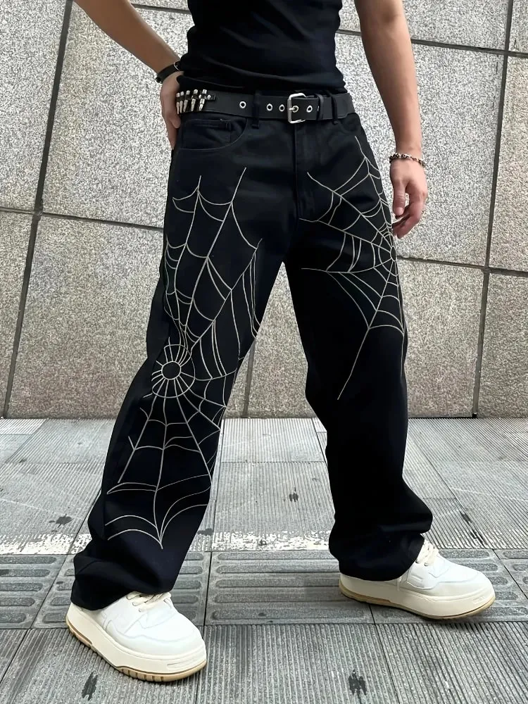 Men's Black Jeans Spider Web Printing Loose Wide Leg Casual Daily Trousers High Street Fashion Trendy Streetwear Denim Pants