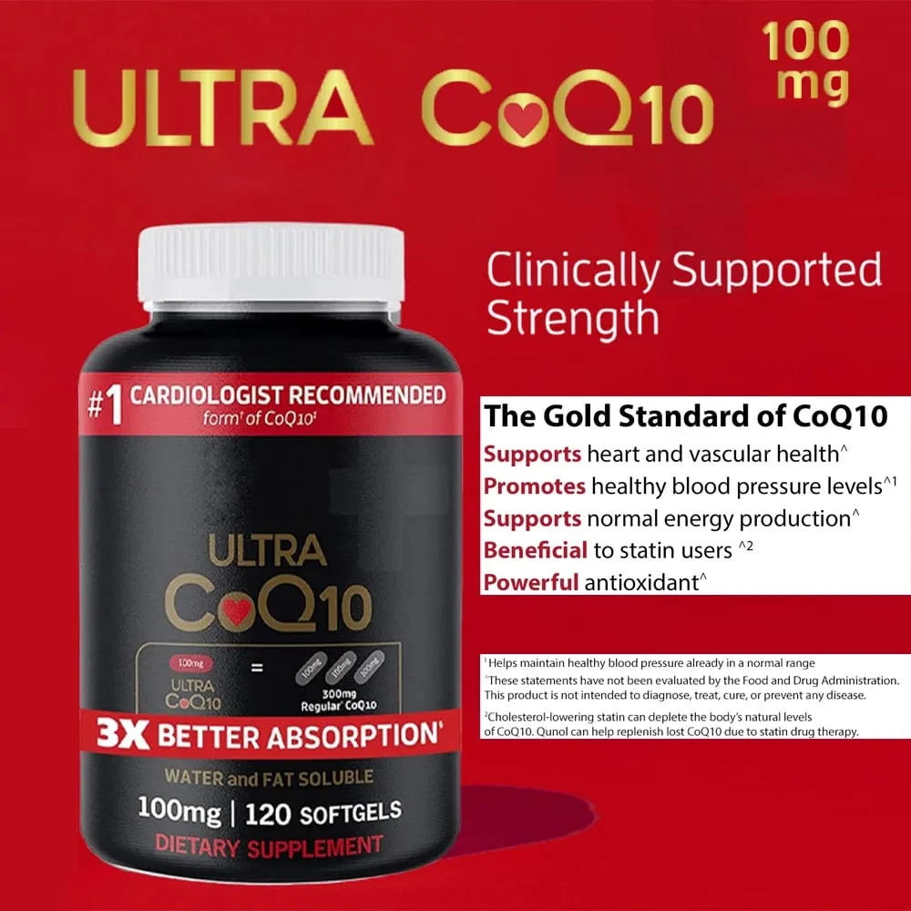 Ultra CoQ10 100mg Softgels 3x Better Absorption Antioxidant for Heart Health & Energy Coenzyme Q10 Vitamins and Supplements