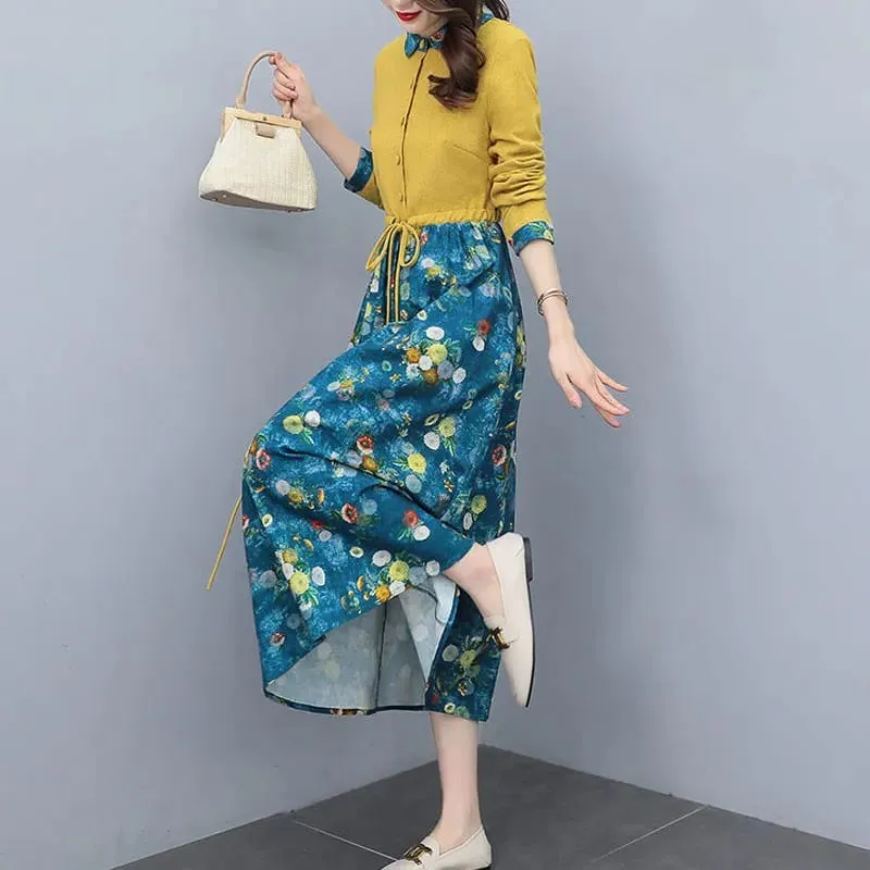 Pambabaeng Damit Mga Kaswal na Naka-print na Dress Spring Autumn Bagong Single-breasted Fashion Turn-down Collar Commute Drawstring Long Dress