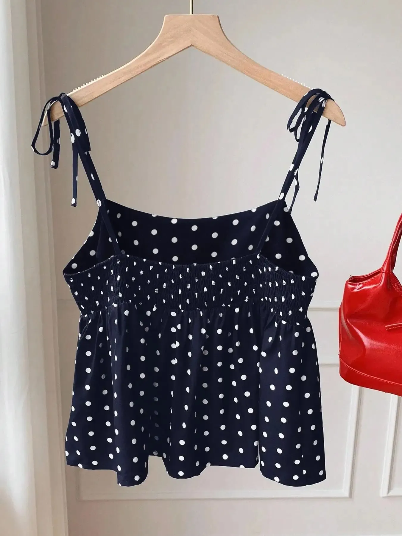 Women's Polka Dot Crop Cami With Spaghetti Straps And Flared Hem Polka Dot Camisole Babydoll Top Babydoll Tops Polkadot Top Cute