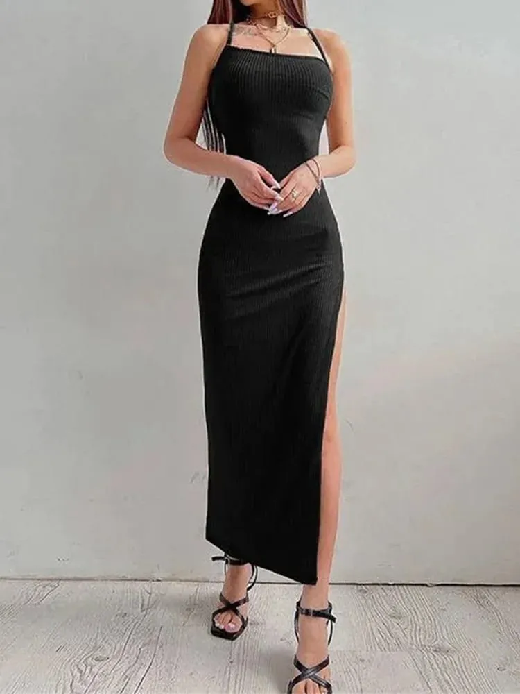 Sexy preto longo bodycon vestido feminino verão sem mangas blackless halter pescoço cinta de espaguete vestidos alta divisão