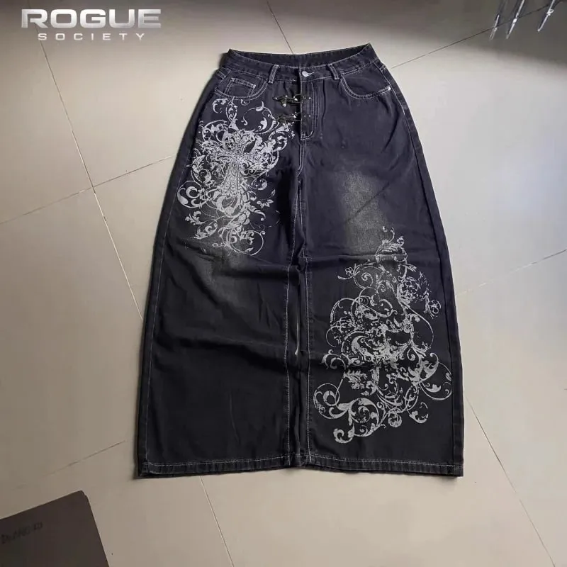 Summer Y2K Vintage Cross Print Denim Pants Men Gothic Wide Leg Baggy Straight Harajuku Trousers Grunge Streetwear Jeans Unisex