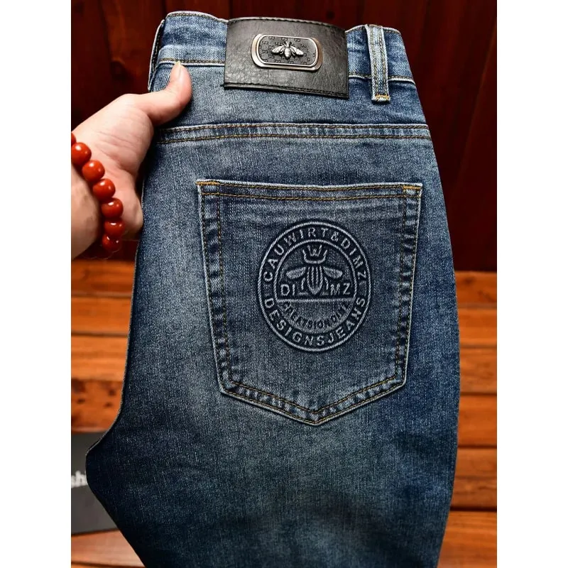 Light luxury jeans men's slim fit small straight tube trendy and fashionable stretch denim simple autumn pants