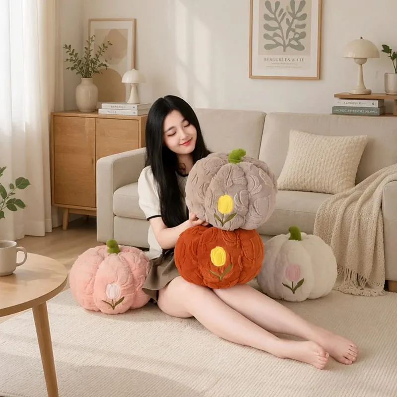Cute Pumpkin Throw Pillow With Tulip Embroidery Soft Plush Pumpkin Shaped Cushion Pillow For Sofa Living Room Hallowmas Gifts