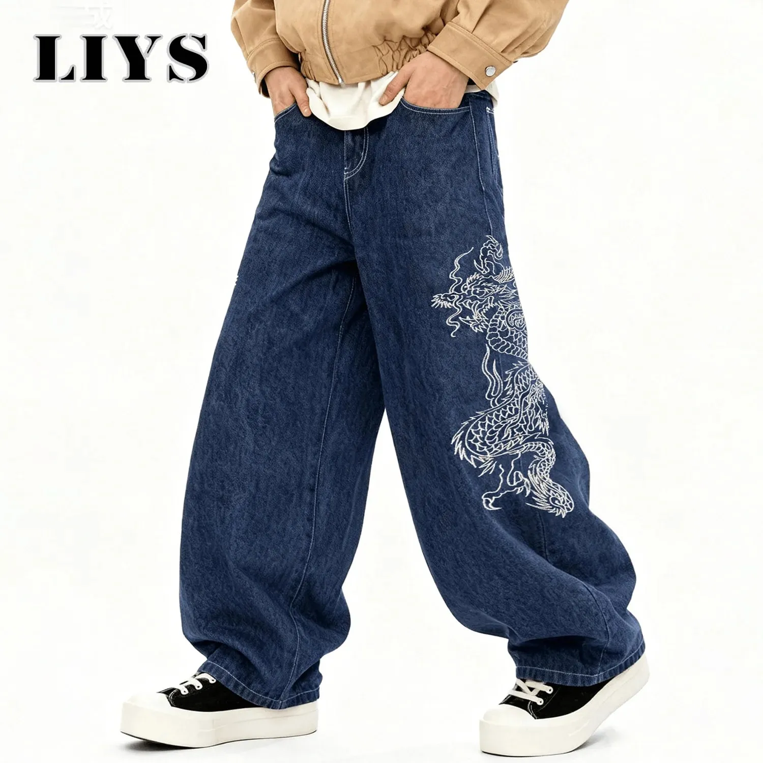 Korean Street Blue Baggy Wide Leg Men's Jeans Personalized White Dragon Pattern Embroidery Denim Pants Gothic Male Jeans Unisex