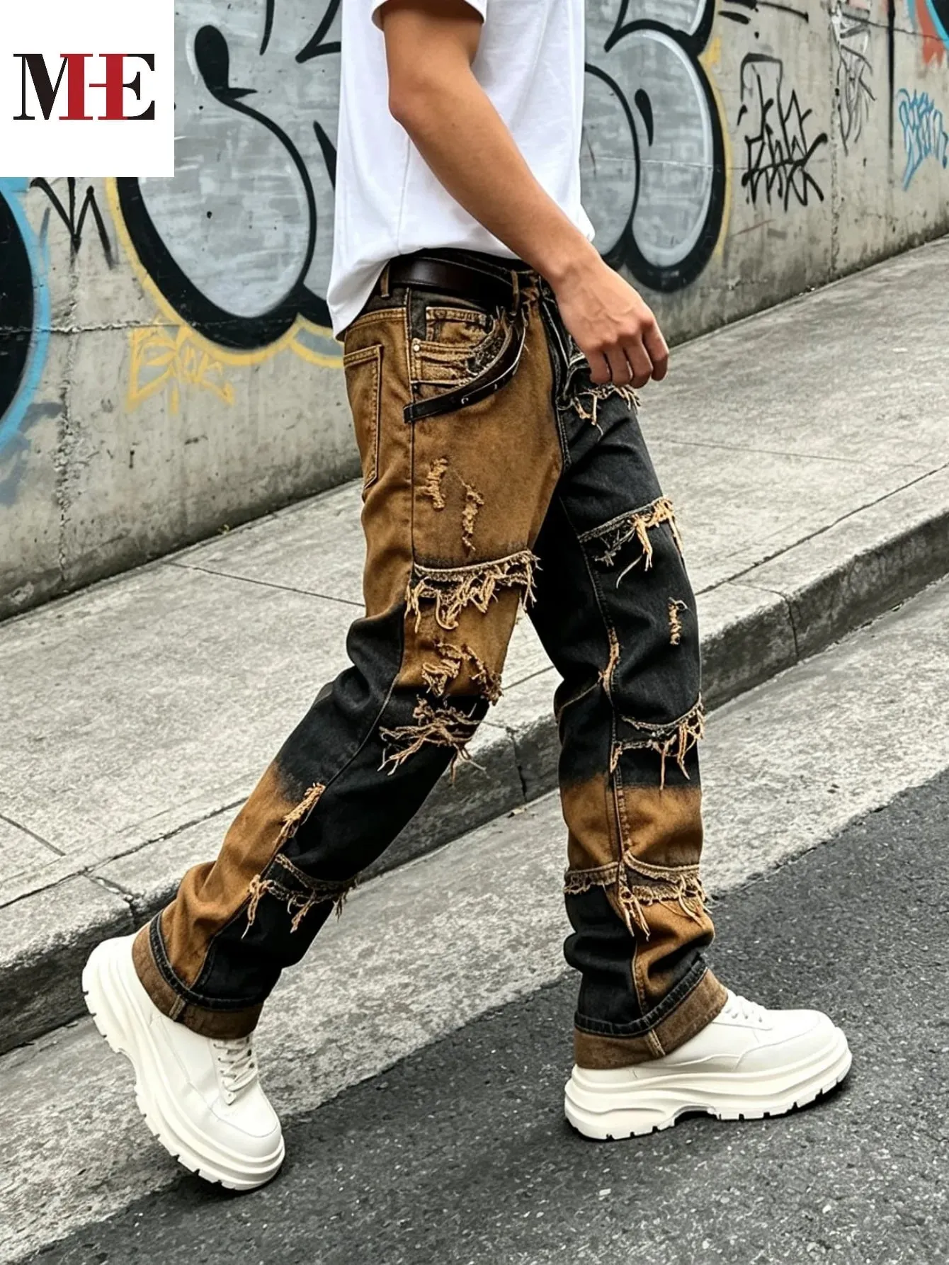 【HME】Men's Jeans | Straight‑Fit Deconstructed Denim Pants vintage Mud‑Wash Two‑Color Spliced Denim Trousers Exposed Frayed Tassel Seams Classic Five‑Pocket Construction Durable Fabric Fashion Men Casual Pants