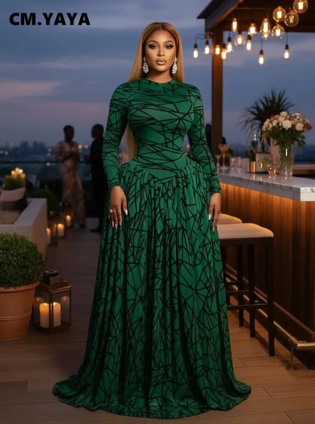 CM.YAYA Women Full Sleeve Printed O-neck Maxi Long Dress 2026 Evening Birthday Vacation Sexy Party Club Vestidos Dresses