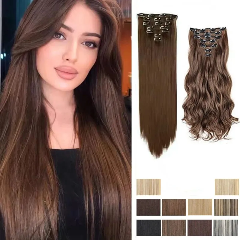 Long Straight Hairstyle 16 Clips 7 Pcs/Set Hair Extensions Natural Synthetic Blonde Black Hairpieces Heat Resistant For Women Kp