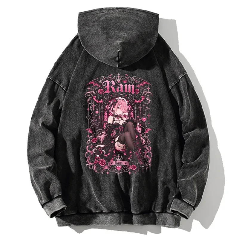 Anime Re:Zero Ram Gothic Hoodies Vintage Washed Streetwear Men Women Clothing Fall Long Sleeves Oversized 100% Cotton Hooded Top