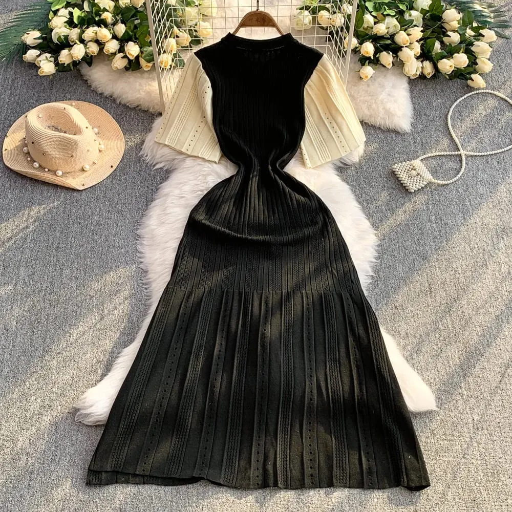 YuooMuoo Vrouwen Jurk 2026 Lente en Zomer Elegante Patchwork Een Stuk Gebreide Maxi Jurk Kantoor Dame Slanke Taille Trui Jurk