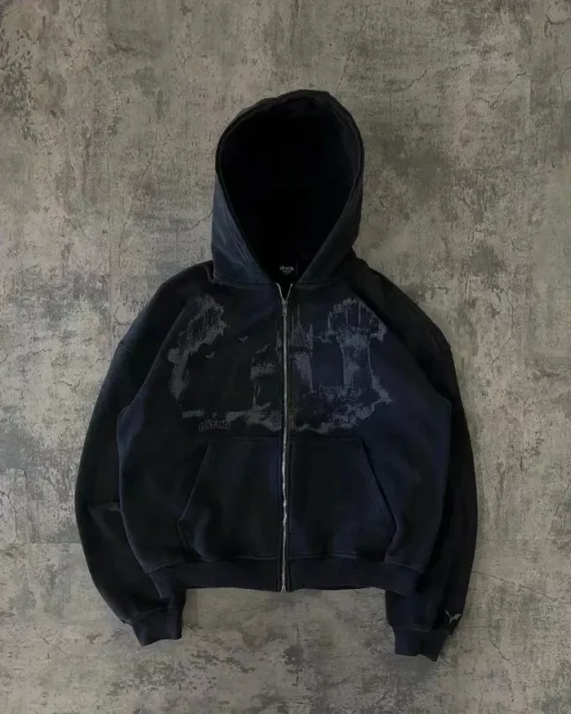 Mens Zip Up Hoodie Dark Blue Wings Print Unique Graphic Y2K Streetwear American Urban Pullover Youth Clothing Hooded Sweatshirt