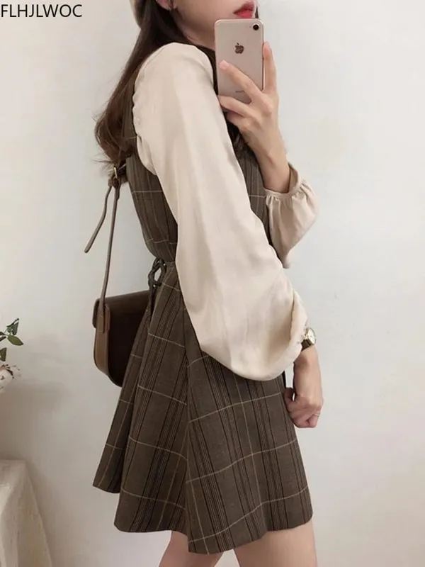 Bonito mini ano novo data vestidos sem mangas colete feminino coreia estilo japonês design retro vintage xadrez botão camisa vestido 11021
