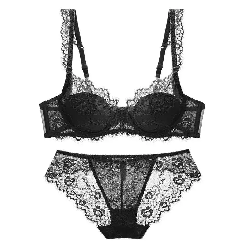 Women Sexy Lace Bra Set Padded Push Up Bra and Panty Set Elegant Ladies Brief Set Thin See Through Underwear