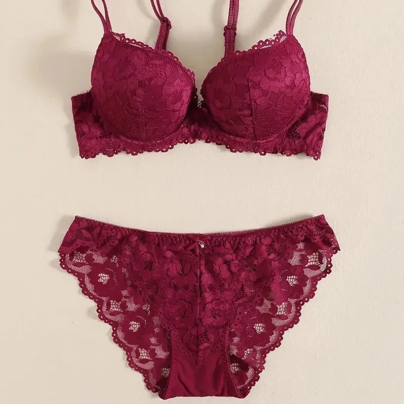1 Set Elegant Lace Embroidery & Breathable Fabric Lingerie Set: Push-Up Bra Drop Waist Sheer Panty - Ultimate Valentine's Day