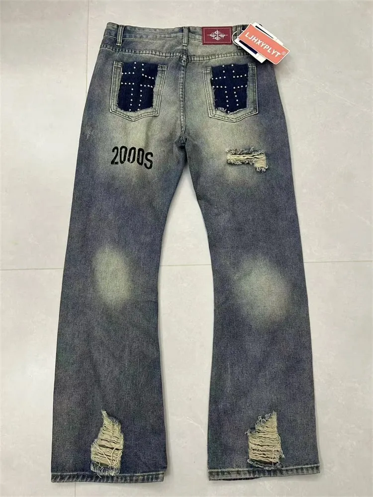 Men's Rivet Hole Design Street Retro Jeans Casual Pant Vintage Boys Straight Unisex Sweatpants Male High Waist Wide Leg Trousers