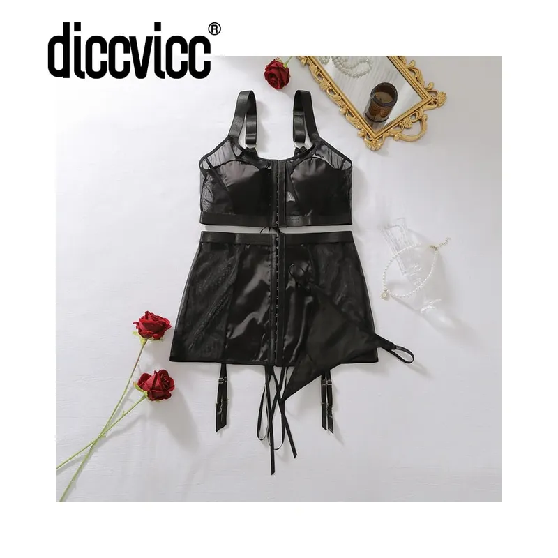 Diccvicc Black Satin Mesh Lingerie Set with Skirt Garter Belt Front Hook Crop Top Bra Lace Up Corset Back 3 Pieces Teddy Outfits