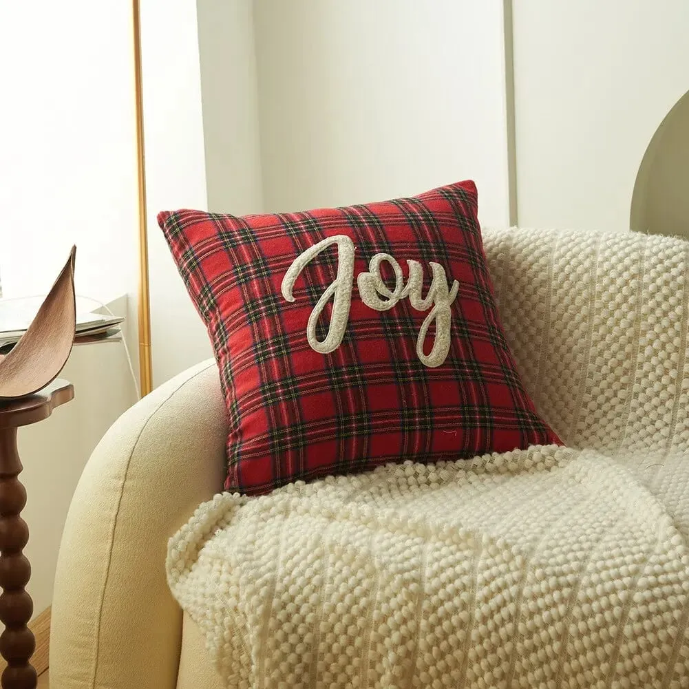 New Christmas Plaid Print Letter Embroidery Cushion Cover Decorative Throw Pillow Case for Sofa