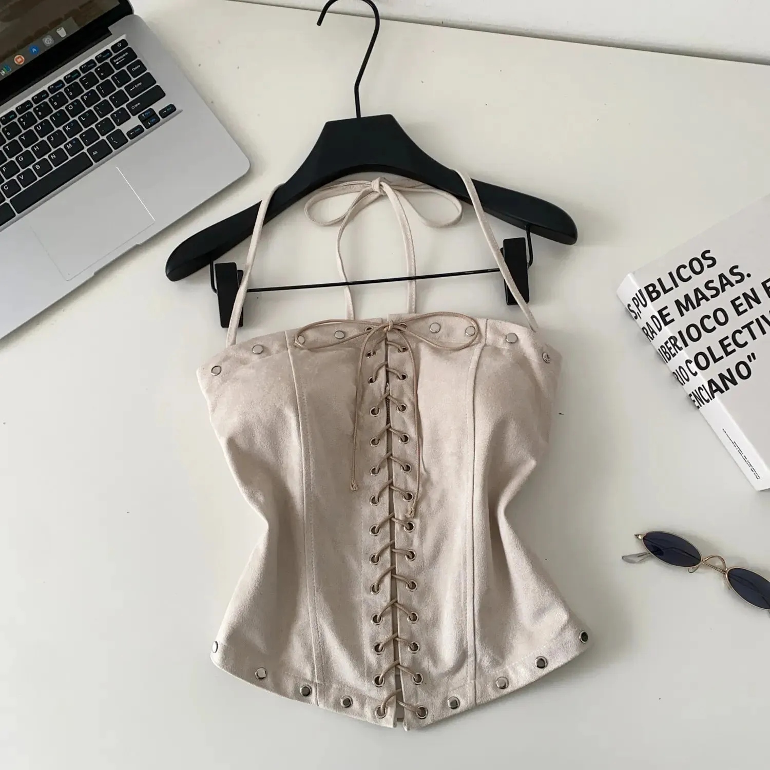Sexy Bandage Halter Solid Tanks Top Vintage Corset Bustier Korean Autumn Camis Women Party Spice Girl Crop Top