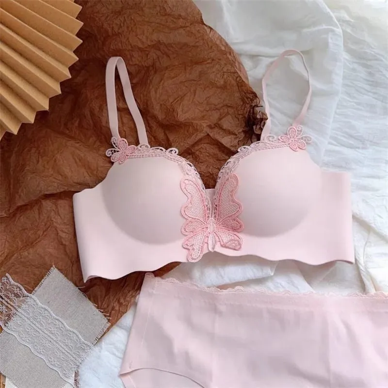 Butterfly Embroidery Non Wire Bras and Panty Set for Women Push Up Prevent Sagging Seamless Lingerie Sets Bralette Mujer Sutyen