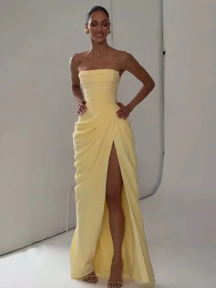 Sexy Solid Pleated Halter Women's Dress Fashion Sleeveless Backless Waist-cinching Split Maxi Dresses 2026 Summer Party Gowns