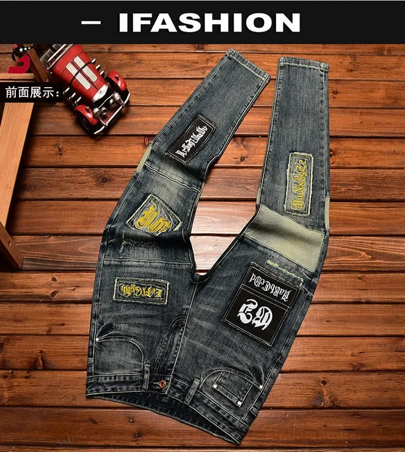 High-End Jeans Pánská podzimní a zimní móda roztrhaná nášivka Pu Shuai vyšívané Slim Fit úzké strečové kalhoty s potiskem