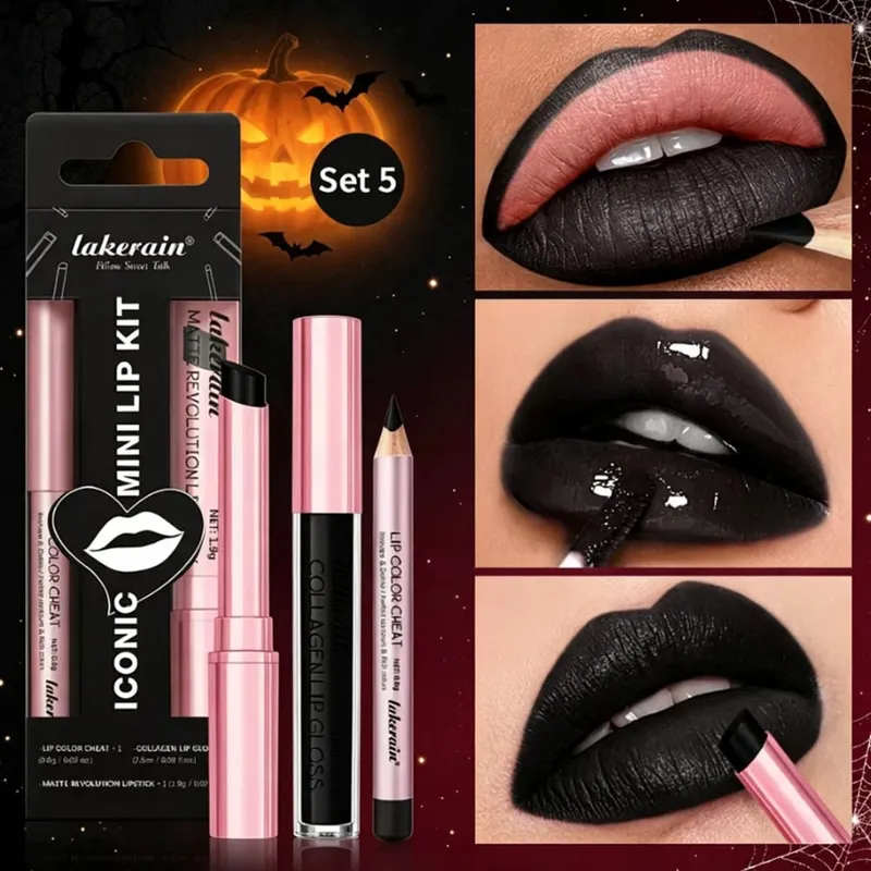 3db Halloween fekete ajak szett vízálló hosszan tartó matt bársony ajakfény ajakkontúr fekete ajakfolt Halloween Goth smink — image 1