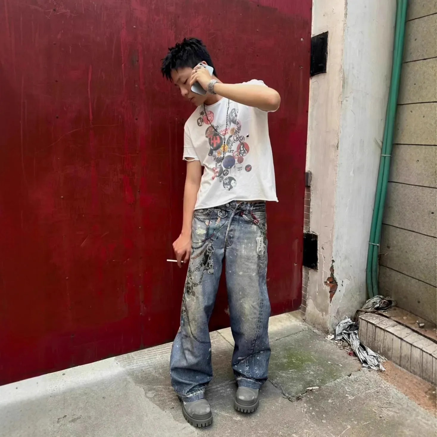 Street 3D Printed Candy Chain Denim Washed Jeans Baggy Fashion Curved Blade Harem Jeans Pants Men Y2k Wide Leg Trousers — image 3