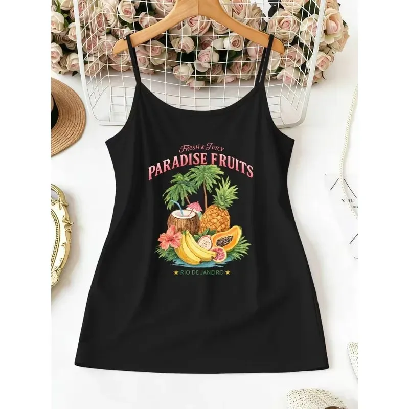 Women Summer Spaghetti Strap Cami Tank Top Tropical Paradise Fruits Rio De Janeiro Print Sleeveless Camisole Casual Daily Tops