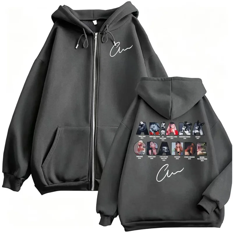 Ariana Grande Music Album Zipper Hoodies Men Women Harajuku High Street Jacket Sweatshirt Coats Fleece Long Sleeve Zip Up Hoodie