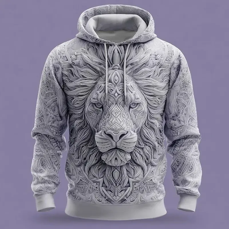2026 Fall Winter Men's Vintage Animal Lion 3D Prints Hooded Hoodies Sweatshirt Long Sleeve Crew Neck Streetwear Drawstring Tops