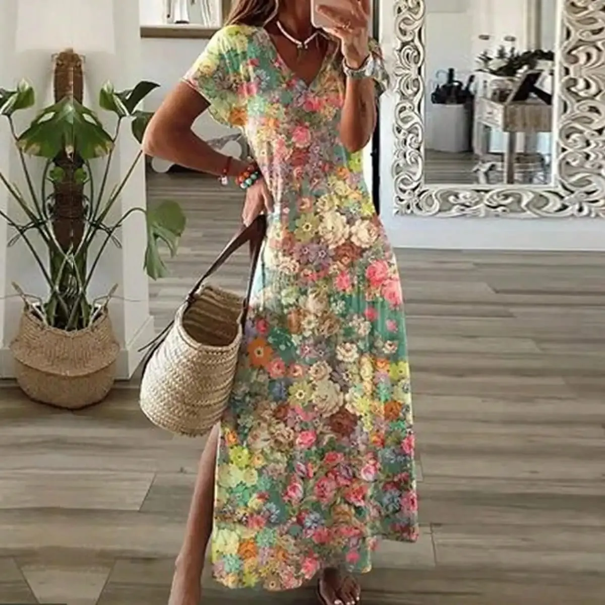 2026 Summer New Fashion Womens Colorful Floral Print V Neck Short Sleeve Maxi Dress Side Slit Summer Boho Loose Fit Long Dress