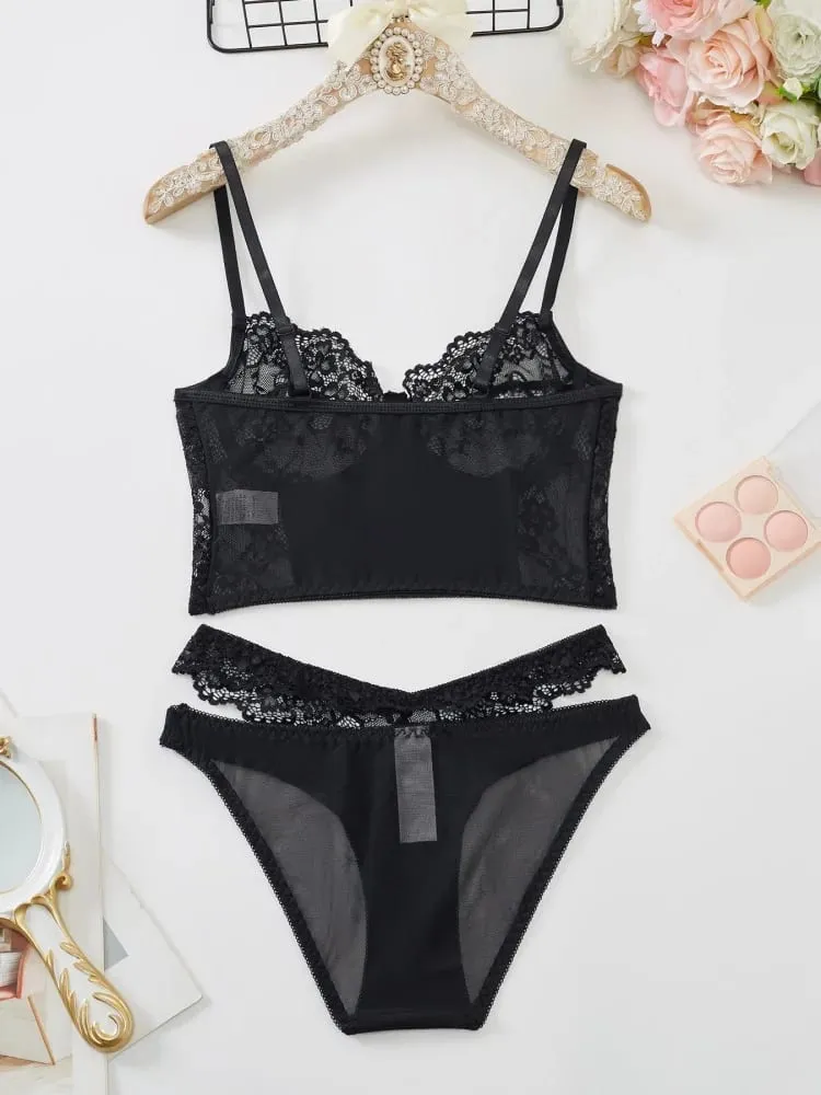 2Pcs Black Lace Bra Set French Style Women Bra Panties Breathable Mesh Underwear Elegant Ladies Ultra Thin Underwear Panties Set