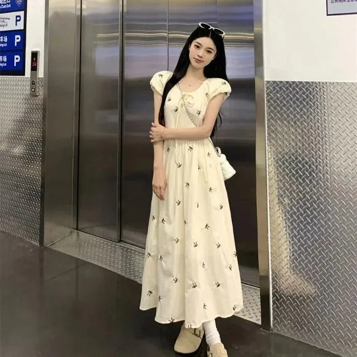 Summer New Floral Print Dress Bubble Sleeve Drawstring Waist Gown Women's Soft Style French Country Knot Dresses