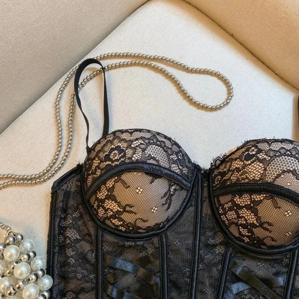 Mesh Flower Lace Corset Bottoming Shirt Spicy Girls Style Slim Lace Crop Top Fishbone Sleeveless Girl's Suspender Vest