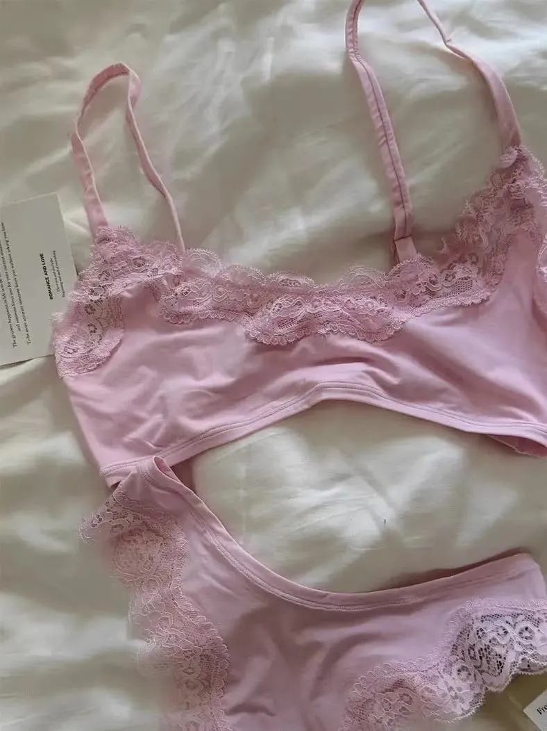 Lace Bra Set Woman Adjusted-strap Seamless Bras+Low Waist Panties Female Casual Simple Solid High Elasticity Lingerie Sets