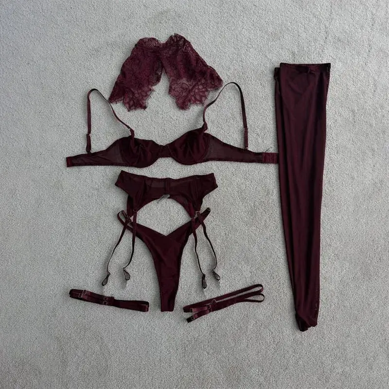 Women Wine Red Lace 4‑Pcs Lingerie Set Sexy See‑Through Mesh Bra With Lace Cape Shawl Leg Straps Stockings Thong Elegant Sexy