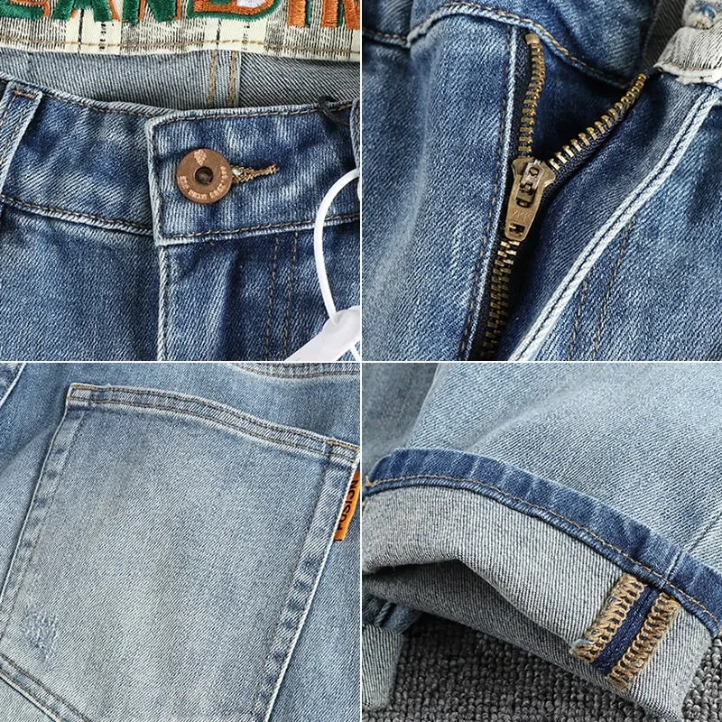 Ny tvätt ljusblå slipad vita jeans herr våren Amerikanskt modemärke små raka ben retro casual ungdomsbyxor — image 7