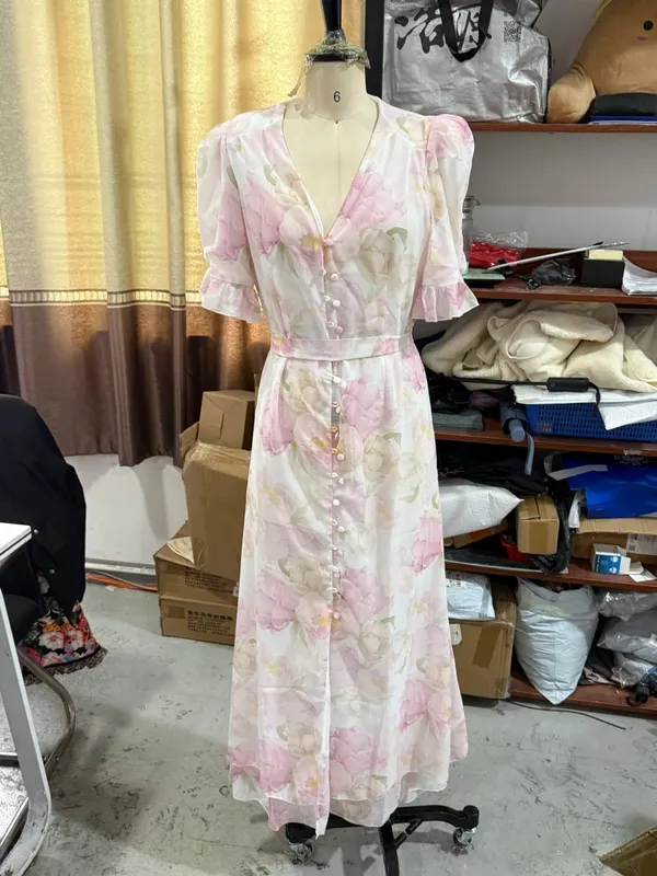 Women Floral Print Chiffon Maxi Dress Romantic Deep V-neck Flutter Sleeve High Low Lace Trim Dress 2026 Summer Elegant Lady Gown — image 12