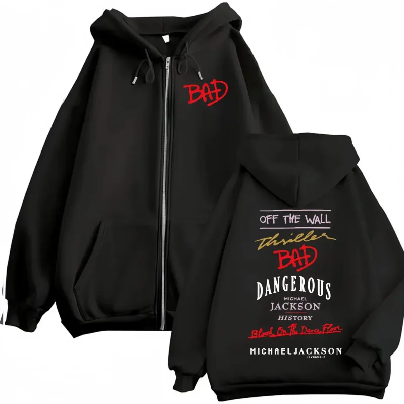 King of Pop Michael Jackson Bad Era Zipper Hoodie Men Women Harajuku Streetwear Jacket Sweatshirt Fleece Casual Zip Up Pullovers