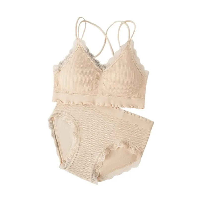 1 Set Casual Lace Dam Seamless BH Set V-hals Andas Underkläder Set Bekvämt med BH Pads Underkläder Set