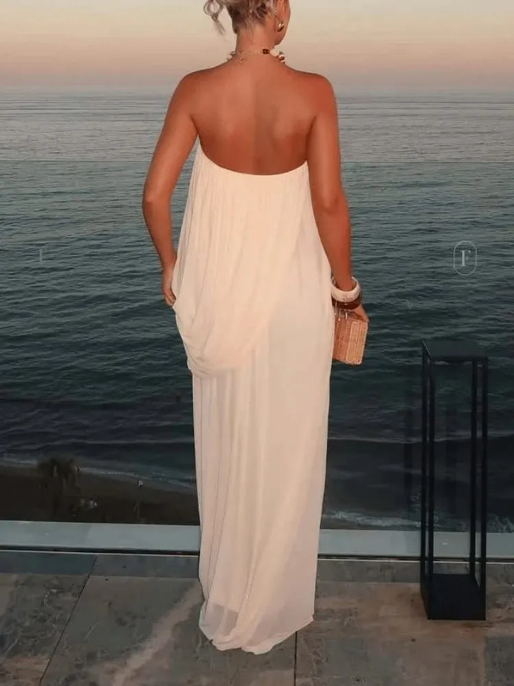 Elegant Pleated Strapless Maxi Dress Women Fashion Backless Slim Apricot Dresses Summer Casual High Street Female Vestidos