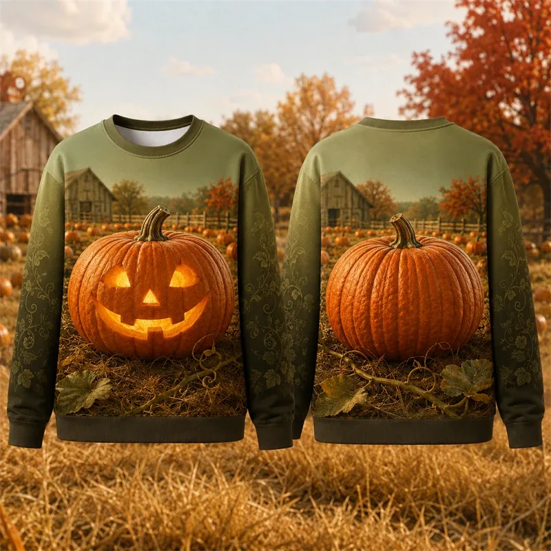 Autumn Winter Halloween Men Sweatshirt 3d Print Vintage Farm Pumpkin Lantern Pullover Sweatshirt Thanksgiving Party Unisex Top