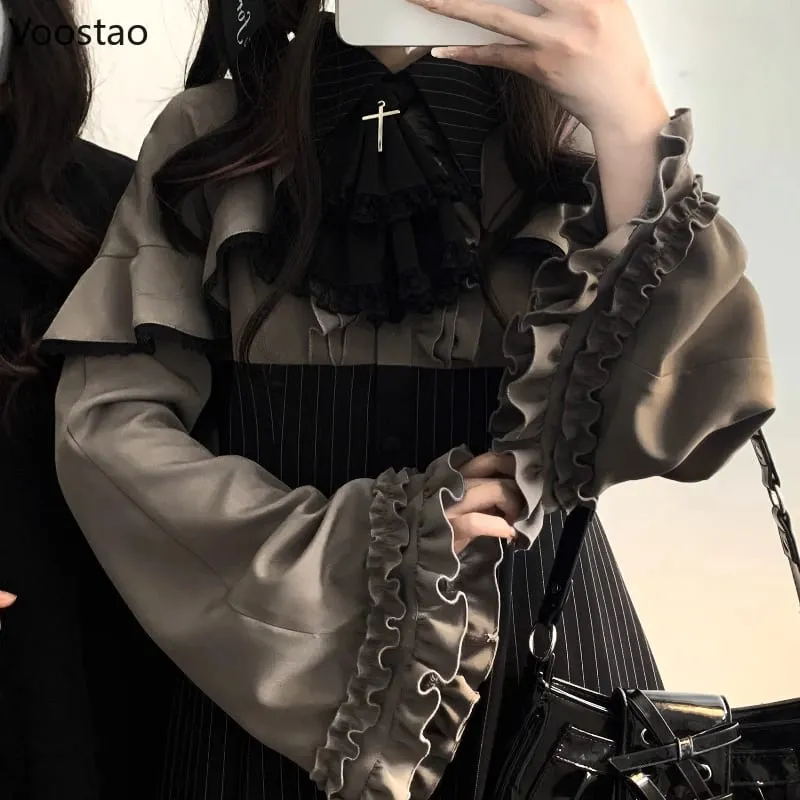 Vintage Lolita Tarzı Mini Elbise Seti Kadın Gotik Y2k Gevşek Flare Kol Sahte İki Adet Parti Elbiseler Kadın Kawaii Sevimli ...