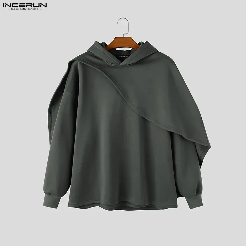 Men's Hoodies Ponchos Solid Color Hooded Long Sleeve Irregular Sweatshirts For Man Loose Stylish Casual Cape INCERUN Streetwear