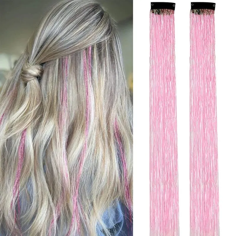 2PCS Synthetic Hair Tinsel Clip in Extensions Colored Sparkle Hair Tinsel Kit with BB Clip for Kids Girls Christmas Party Use