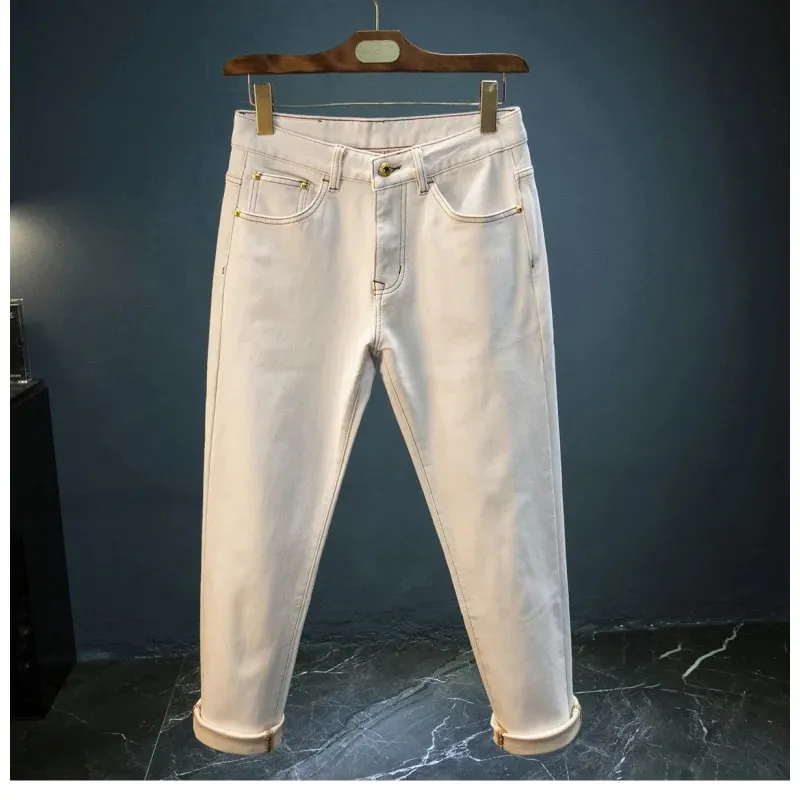 Winter fleece men's jeans 2025 new trend simple solid color casual thick warm little leg pants