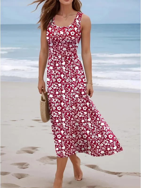 Women Summer Sleeveless Floral Midi Dress U Neck Casual Beach Sundress Boho Print Flowy Long Dress Holiday Vacation Ladies Vest