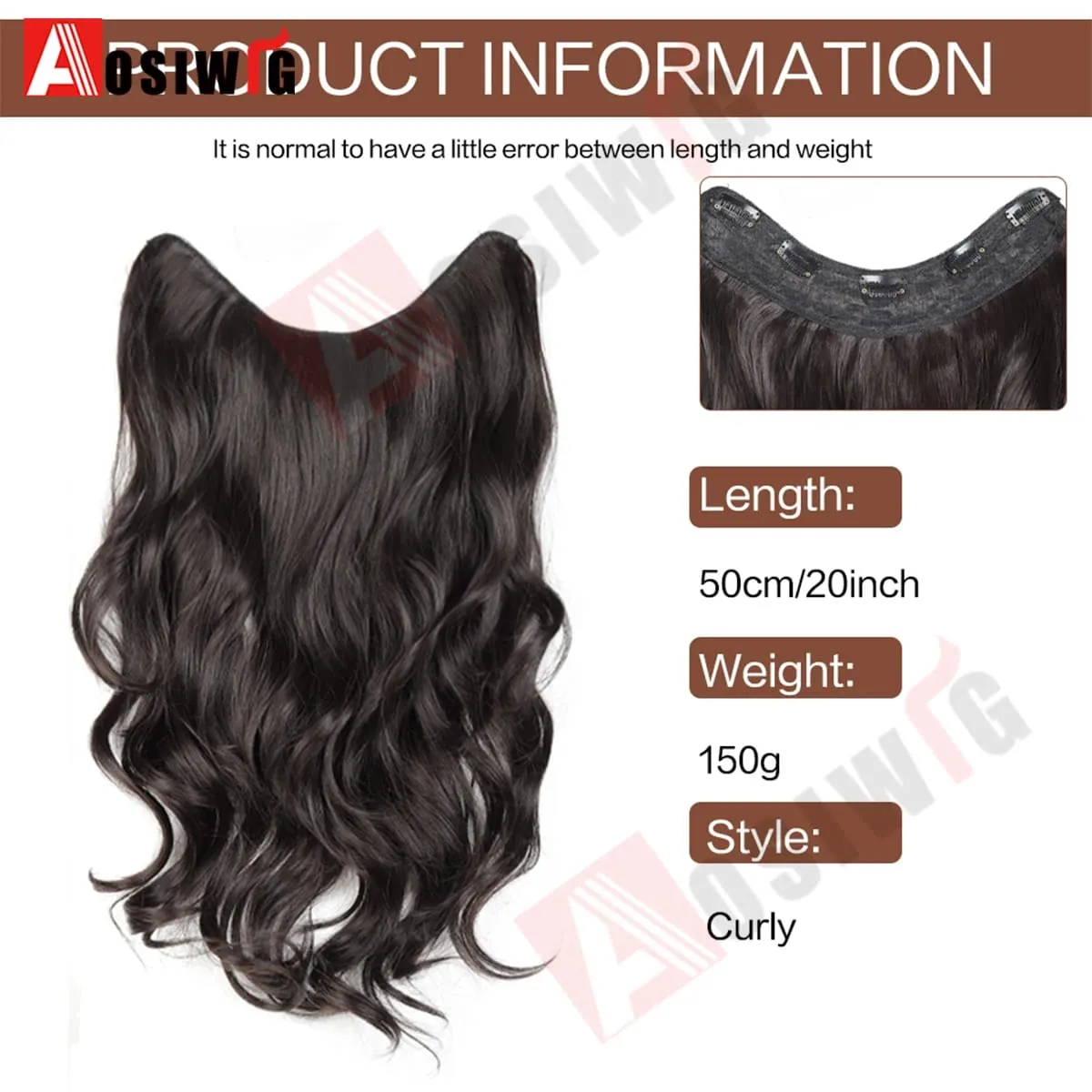20Inch Synthetic Long Wavy Curly 5 Clip in Hair Extension Fashion Invisible V-shaped Heat Resistant Black Hairpiece for Women