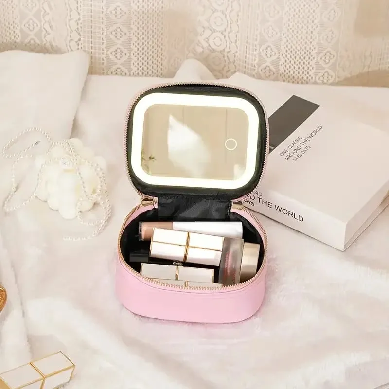 Portable Comestic Tools Storage Bag with LED Mirror Small Makeup Bag with 3 Light Modes Orangizer for Brushes and Lipstick