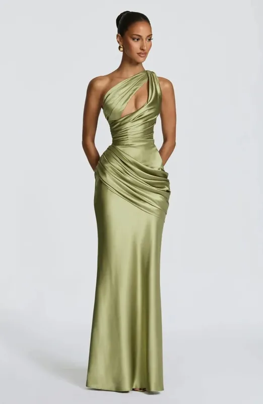Elegant Women Satin One Shoulder Maxi Dress Chic Green Ruched Mermaid Slim Fit Flowy Vestidos 2026 Lady Summer Evening Vestidos
